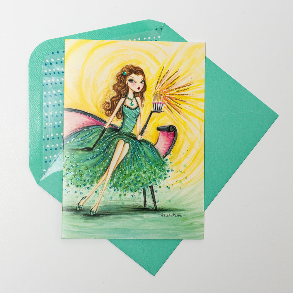 Papyrus Handcrafted GIRL IN A FANCY PEACOCK COCKTAIL DRESS Happy Birthday Card