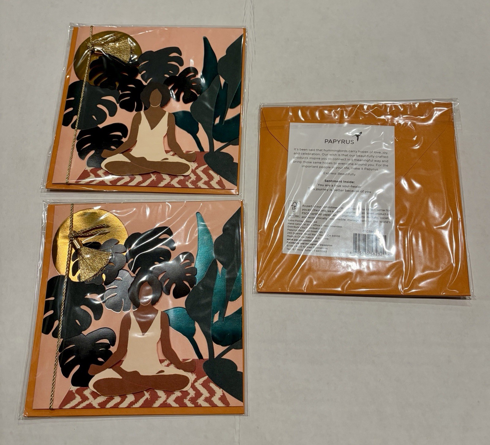 Papyrus Greeting Cards Set of 3 Meditation Woman Yoga Soul Healer 3D Embellished