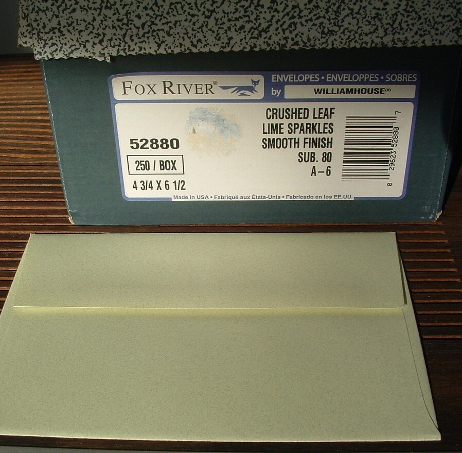 A6 Envelopes, 4 3/4 x 6 1/2, Spring Green Sparkle, Gummed Square Flap