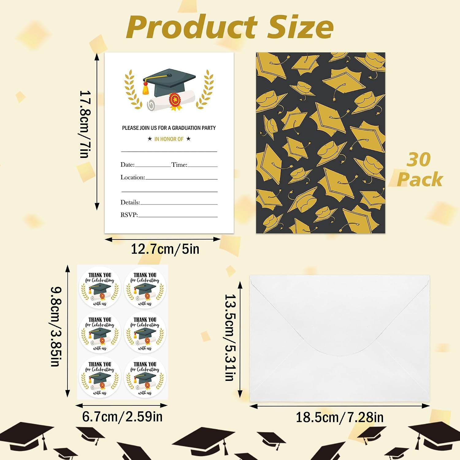 30 Pack Graduation Invitations Cards with Envelopes & Stickers, Graduation Hat