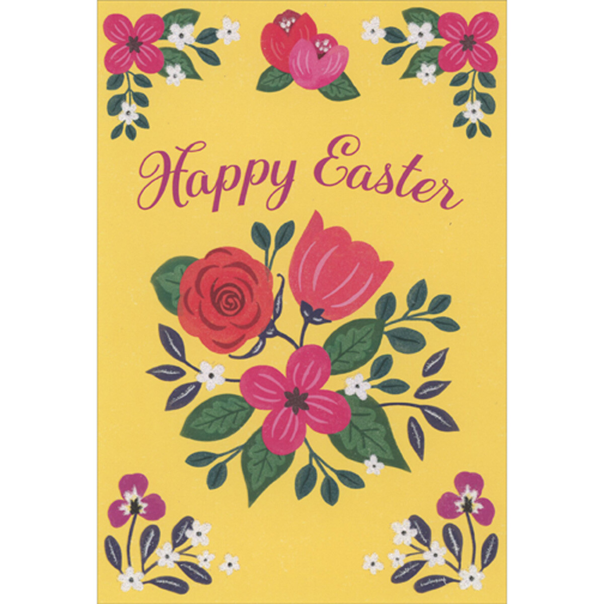 Pink Red Flowers Small White Glitter Flowers on Bright Yellow 8 Easter Cards