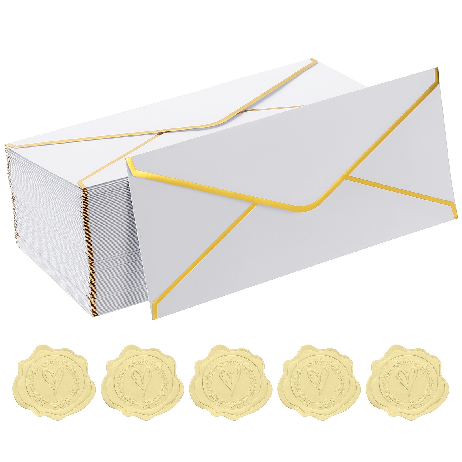 4 1/8 x 9 1/2 Inch Envelopes with Gold Border, 100 Pack V Flap, White
