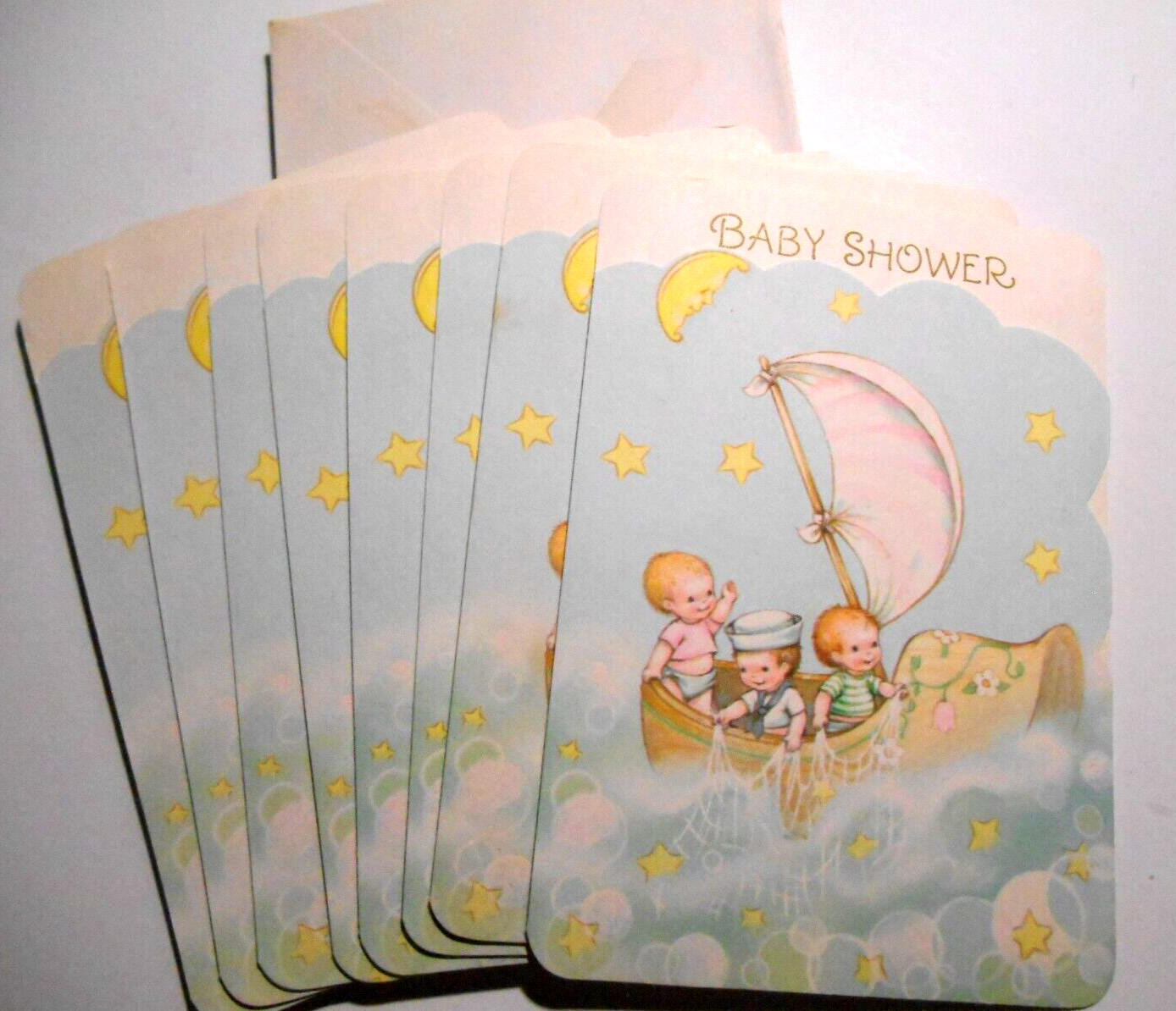 VTG Hallmark Die-cut Baby Shower Invitations Babies SAILING Noon & Stars 8CT