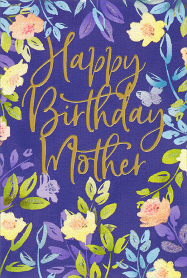Yellow and Orange Sparkling Floral Border on Purple Birthday Card for Mother