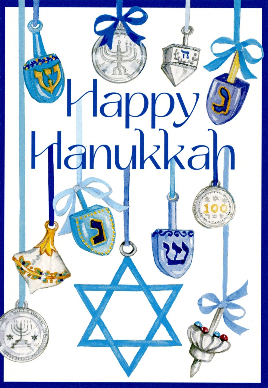 Caspari HAPPY HANUKKAH Card, Hanging Dreidels Art by Barbara Wilson + Envelope