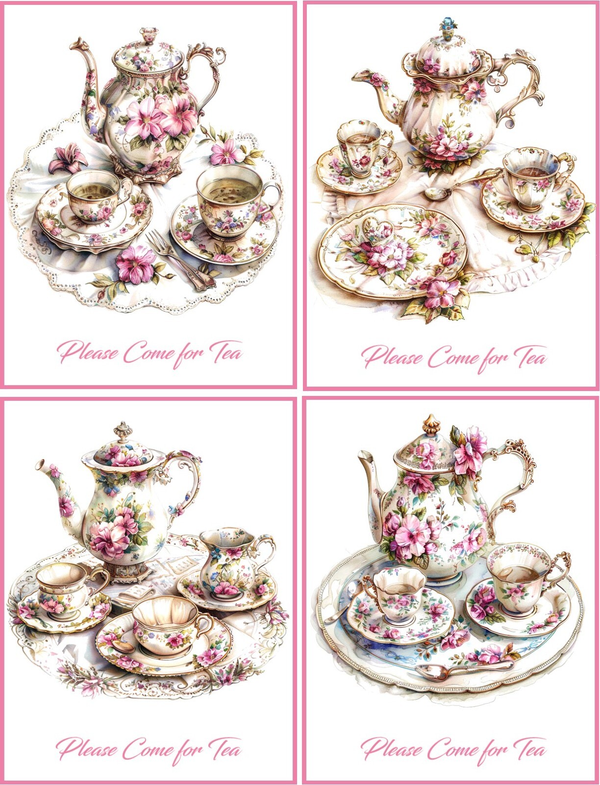 8 Tea Party Invitation Vintage Victorian Tea Pot Tea Cup Envelopes