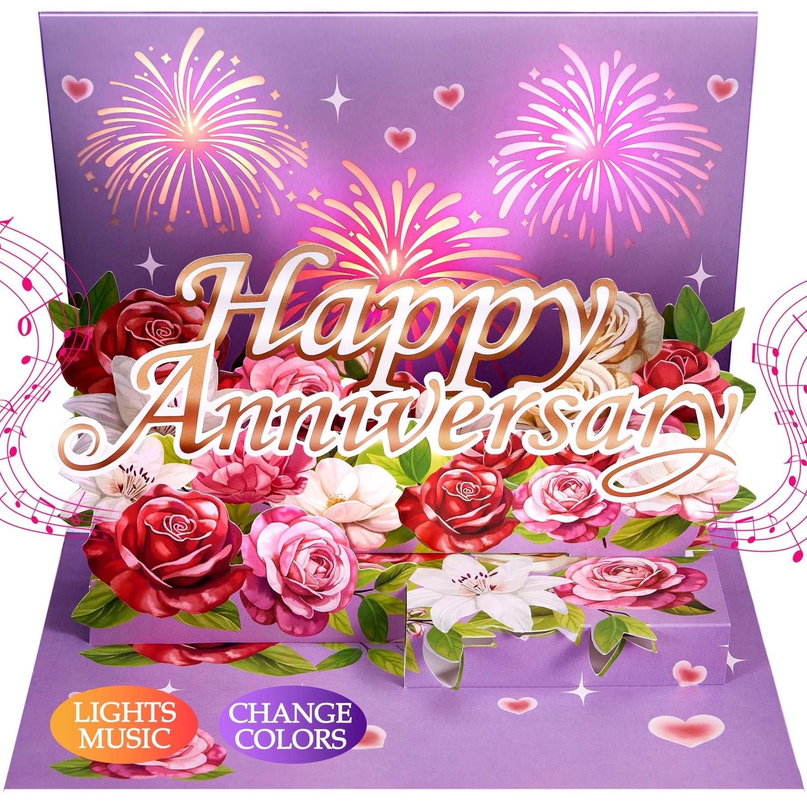 Happy Anniversary Card With Lights Music, 3D Pop Up Flowers, Multicolor
