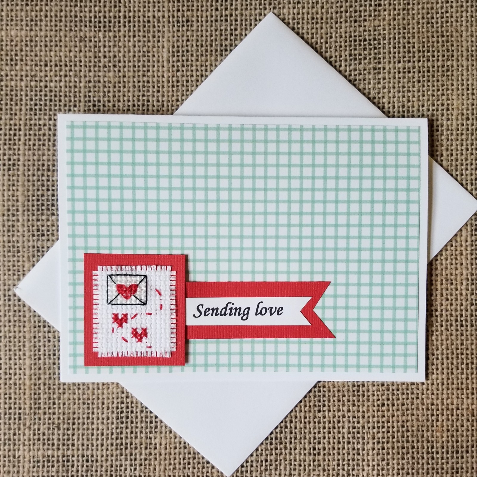 Finished Completed Cross Stitch Sending Love Envelope Blank Note Greeting Card