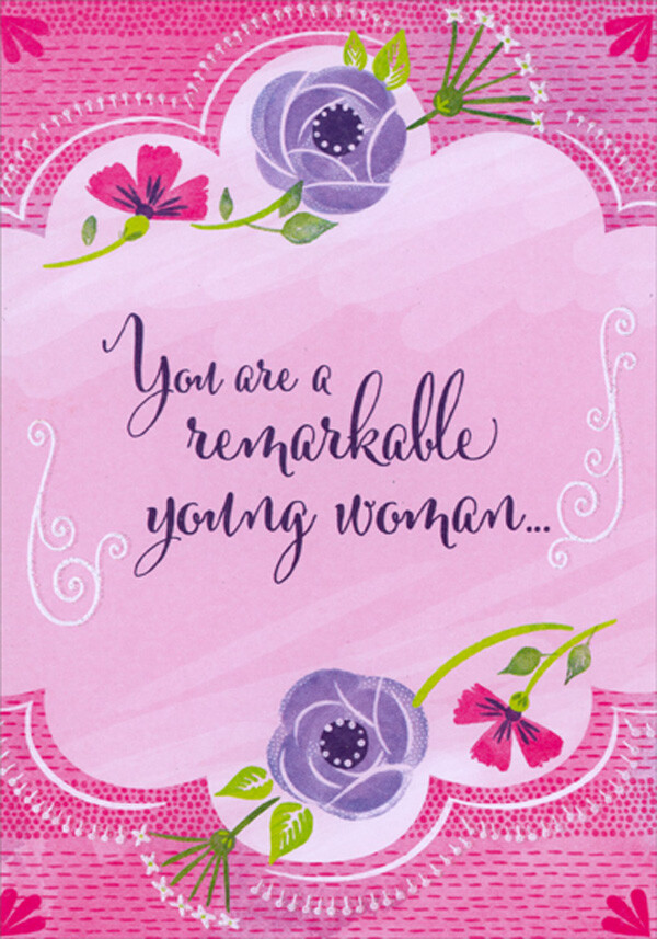 Remarkable Young Woman Purple Pink Flowers High School Graduation Card for Her
