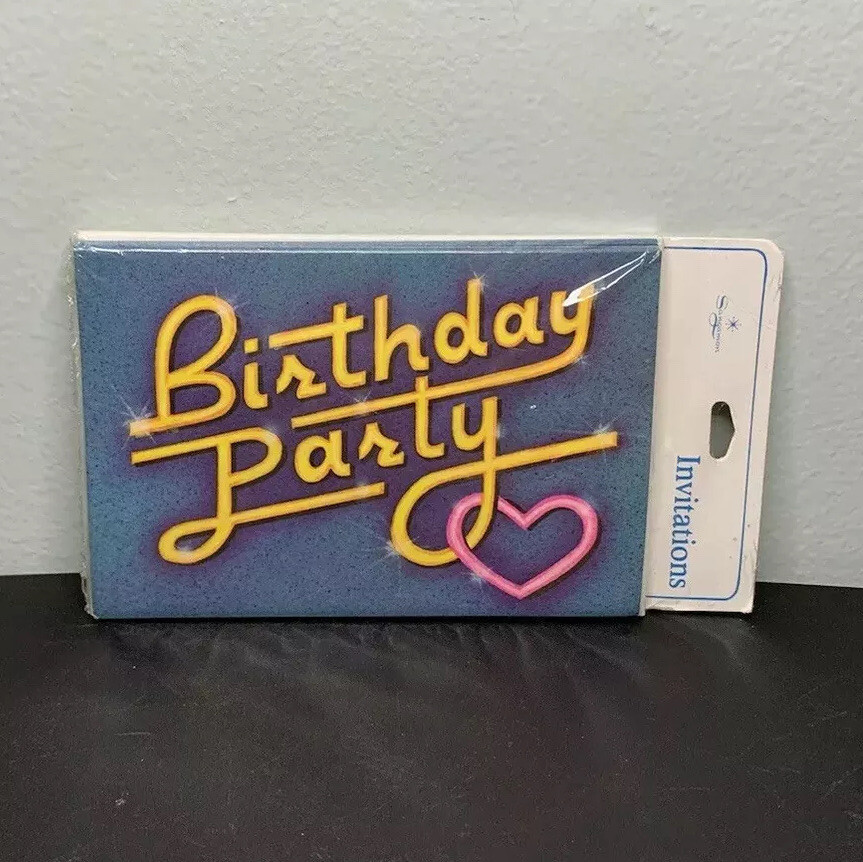 Vtg “Birthday Party” Retro Invitation Set w/ Envelopes Colorful Details, 8 Pack