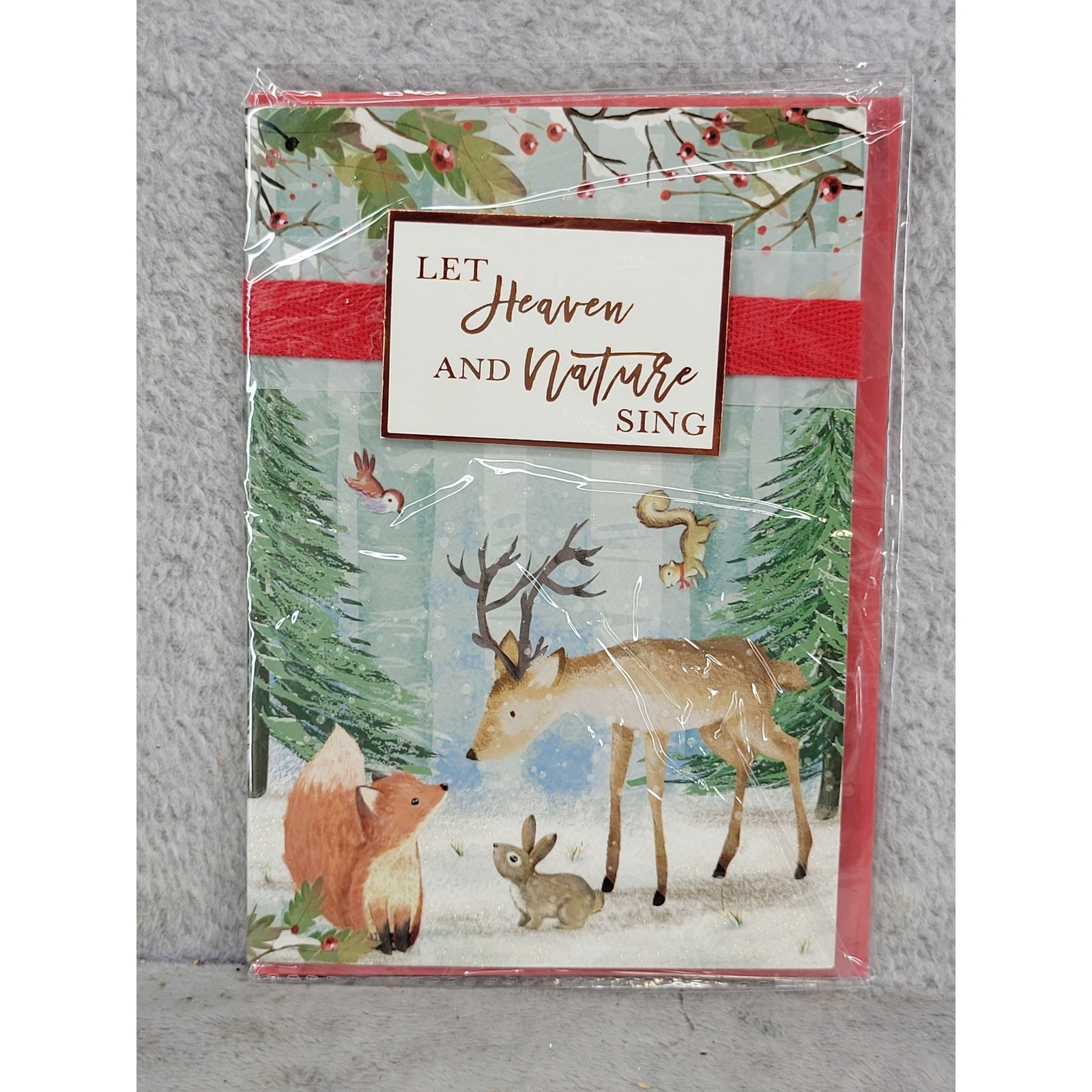 Voila Christmas Card Woodland Animals Let Heaven and Nature Sing Red Ribbon