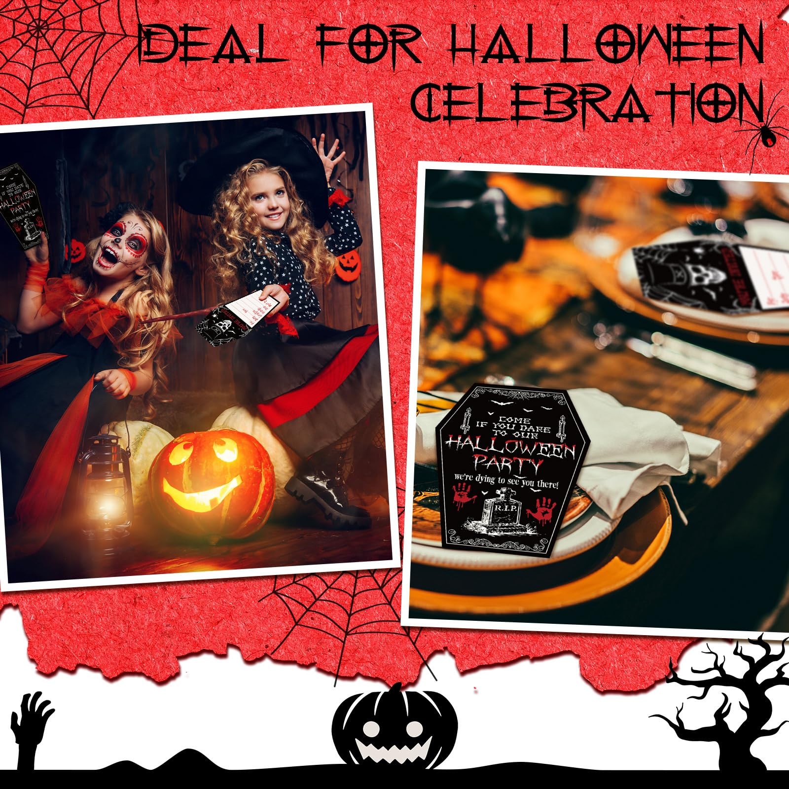 60 PCS Halloween Party Invitations Envelopes, Ticket Scary Coffin Style Cards
