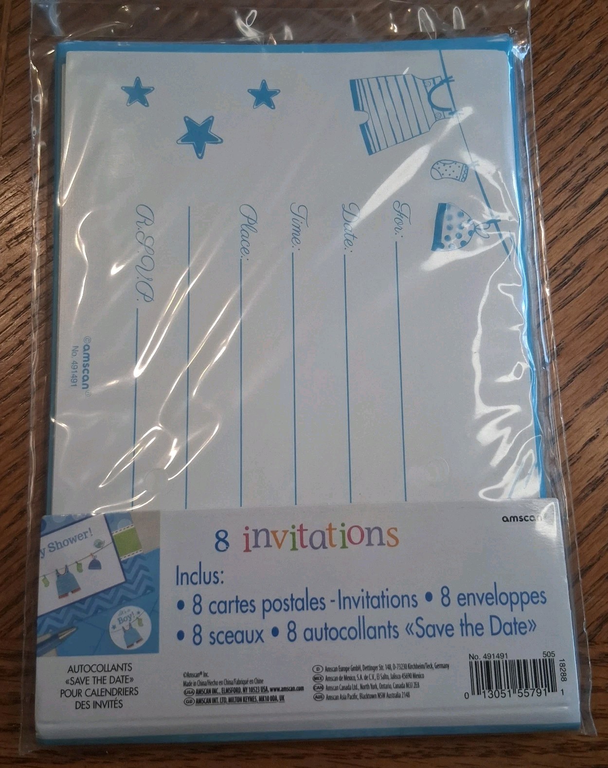 Amscan Baby Shower Boy Chevron Postcard Invitations 8ct w/ Envelopes Blue