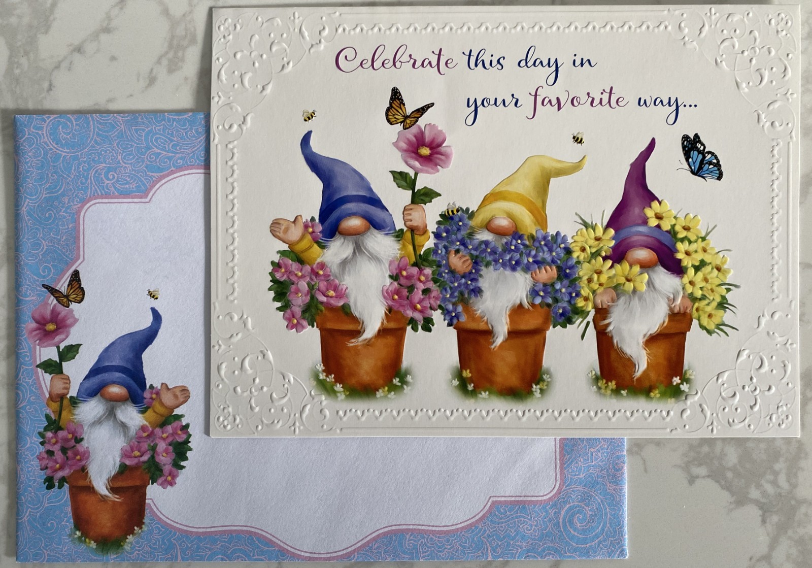 Embossed Birthday Card, Cute Gnomes in Flower Pots