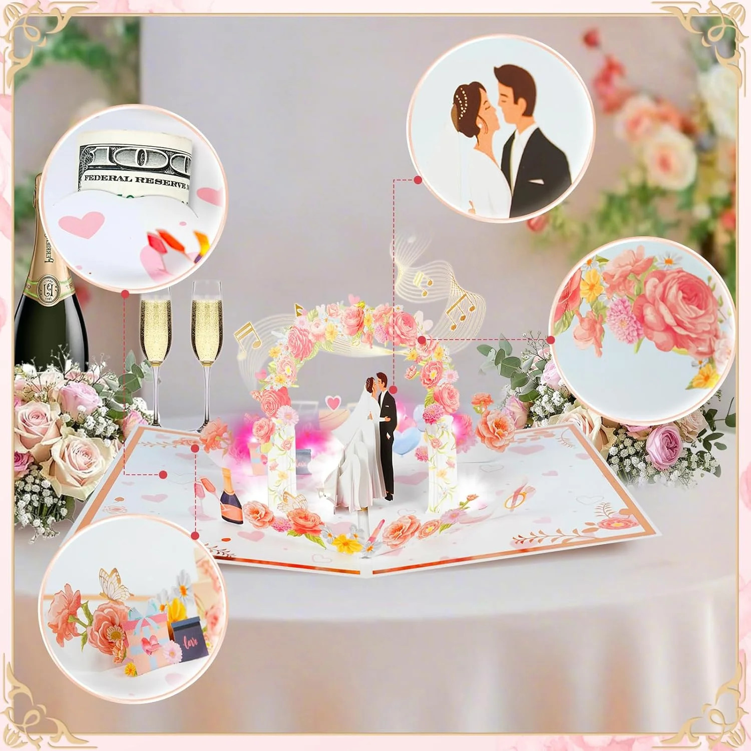 3D Pop Up Wedding Card with Music and Lights, Romantic Card for Bride and Groom
