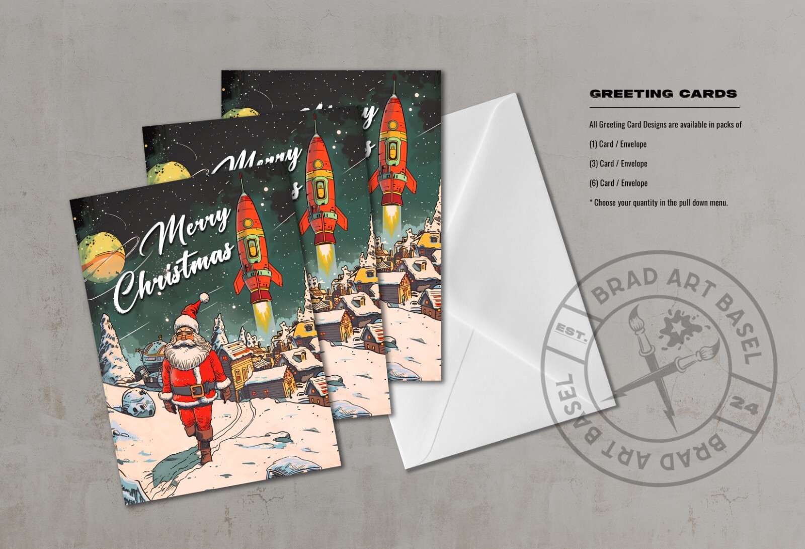 SANTA CLAUS CHRISTMAS Card 4.25X5.5 Matte Finish Choose Greeting MCM ROCKET SLED
