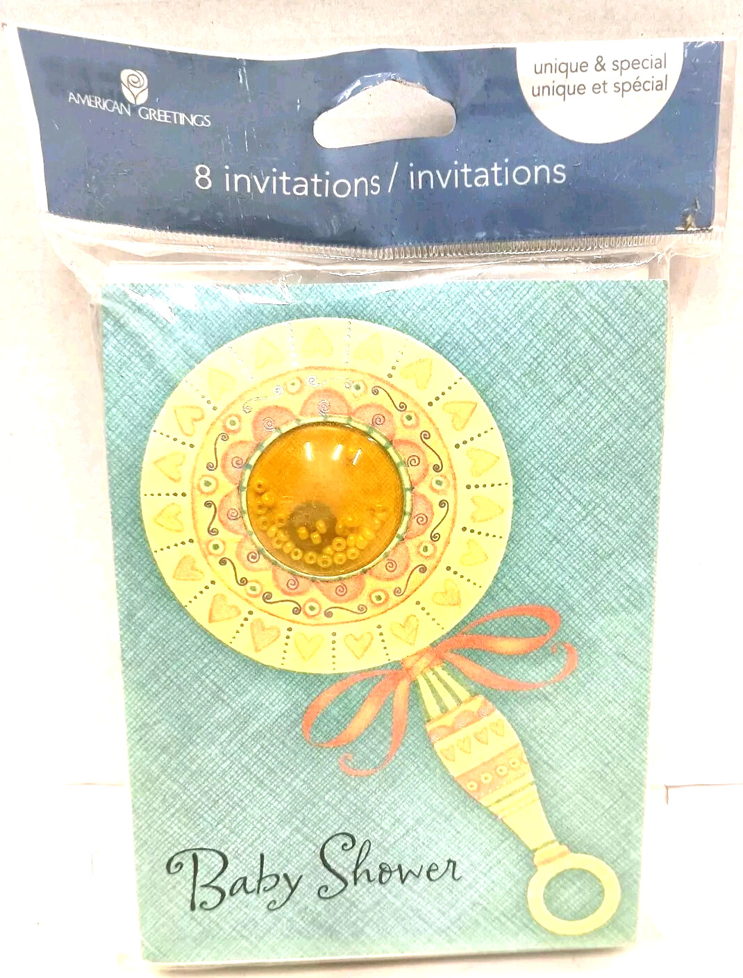 American Greetings Baby Shower Invitations Envelopes Rattle Blue And Gold Qty 8