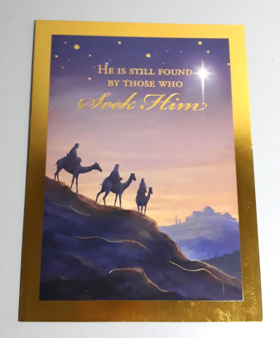His Delight Christmas Card Three Wisemen on Camels Scene Gold Foil “…Seek Him”