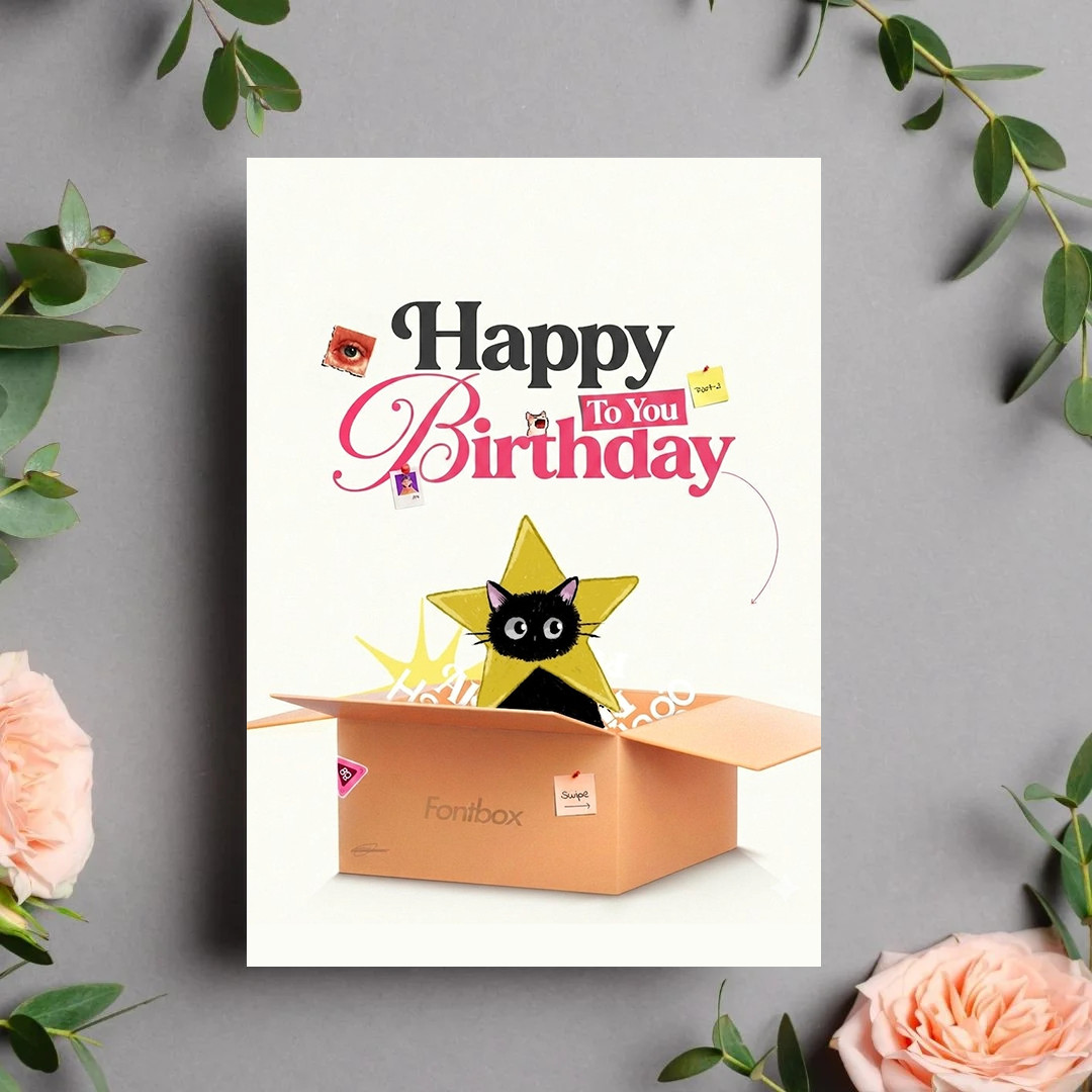 Cute Cat Birthday Card in Gift Box Design