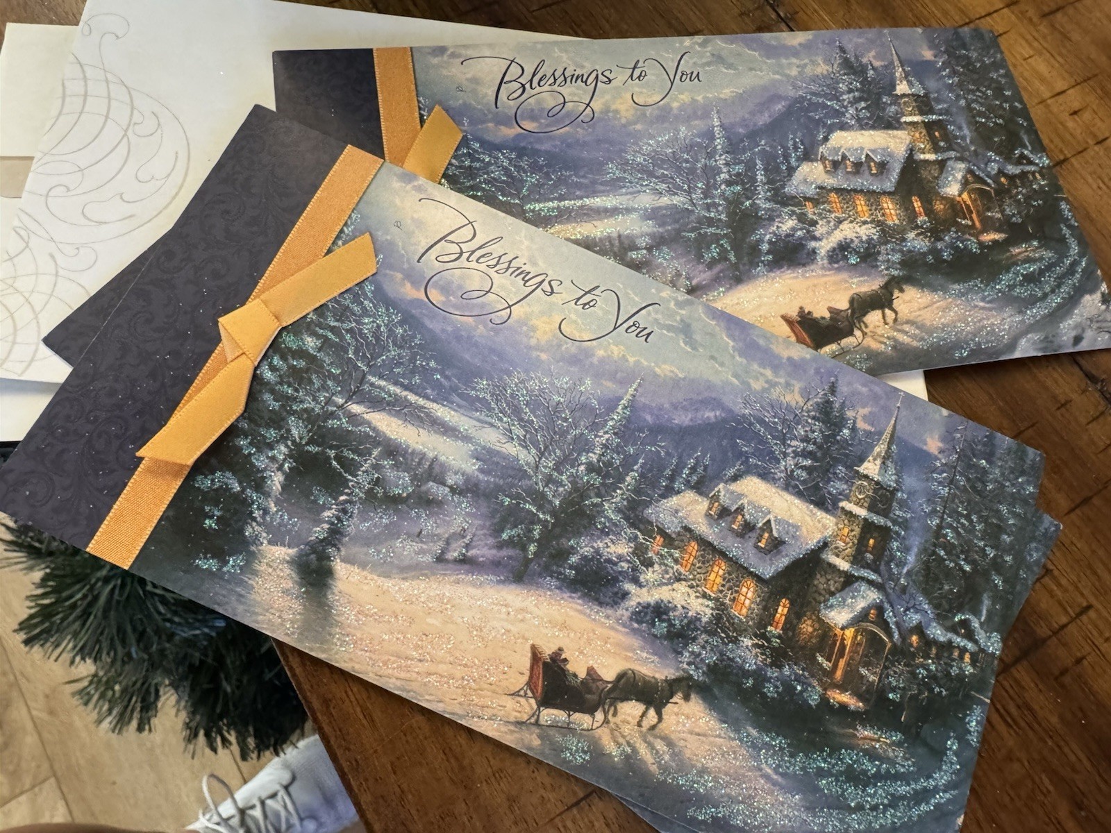 3 ~ Embellished Hallmark Thomas Kinkade Christmas Cards Glittered Horse Church w