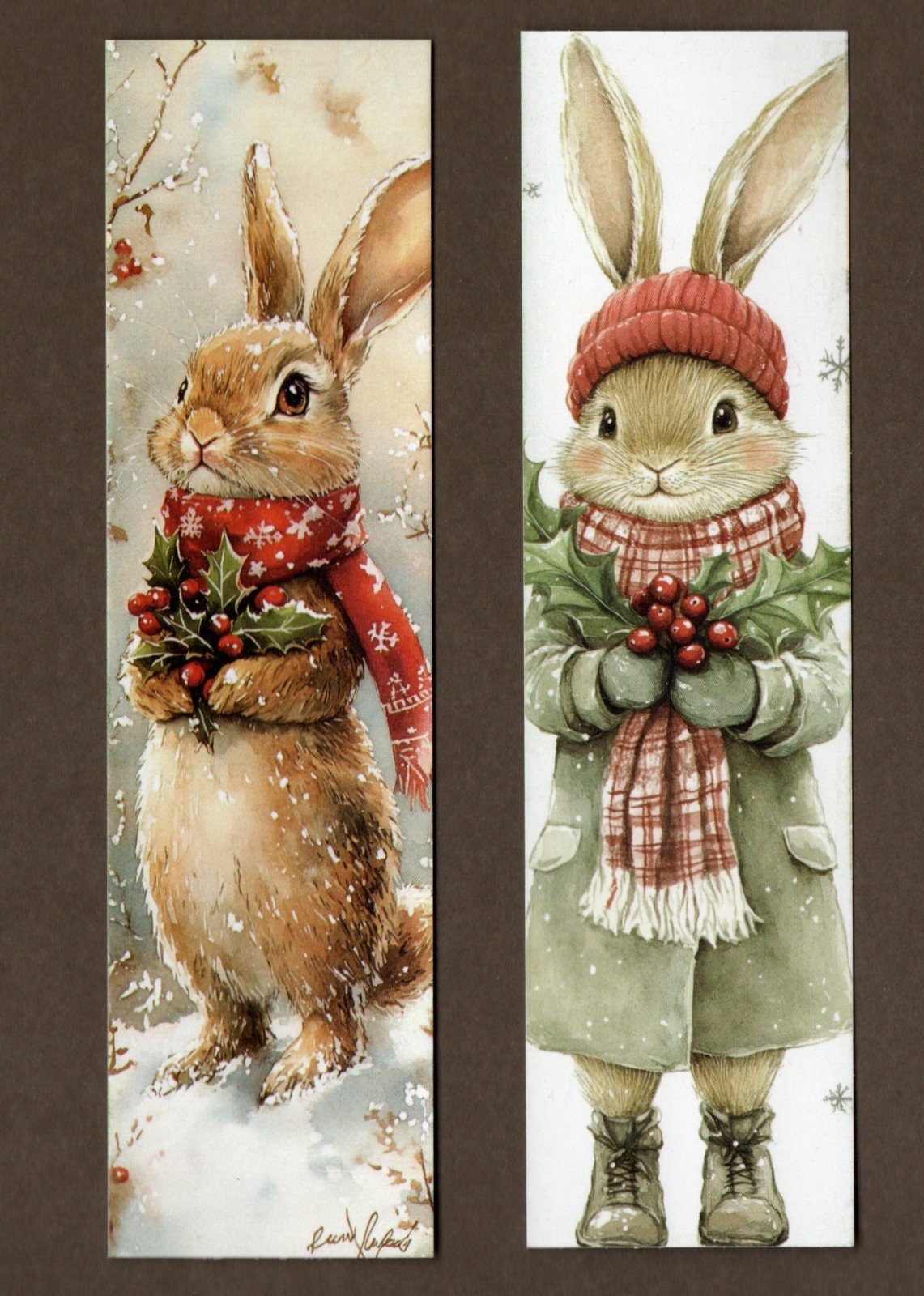 2 Bunny Rabbit Christmas Bookmarks, Holly/Berries Scarves/Hat Holiday Snowflakes