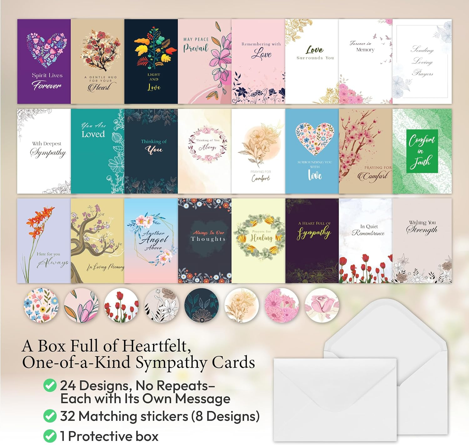Box of Sympathy Cards with Envelopes, 24 Pack Condolence Card for Bereavement, L