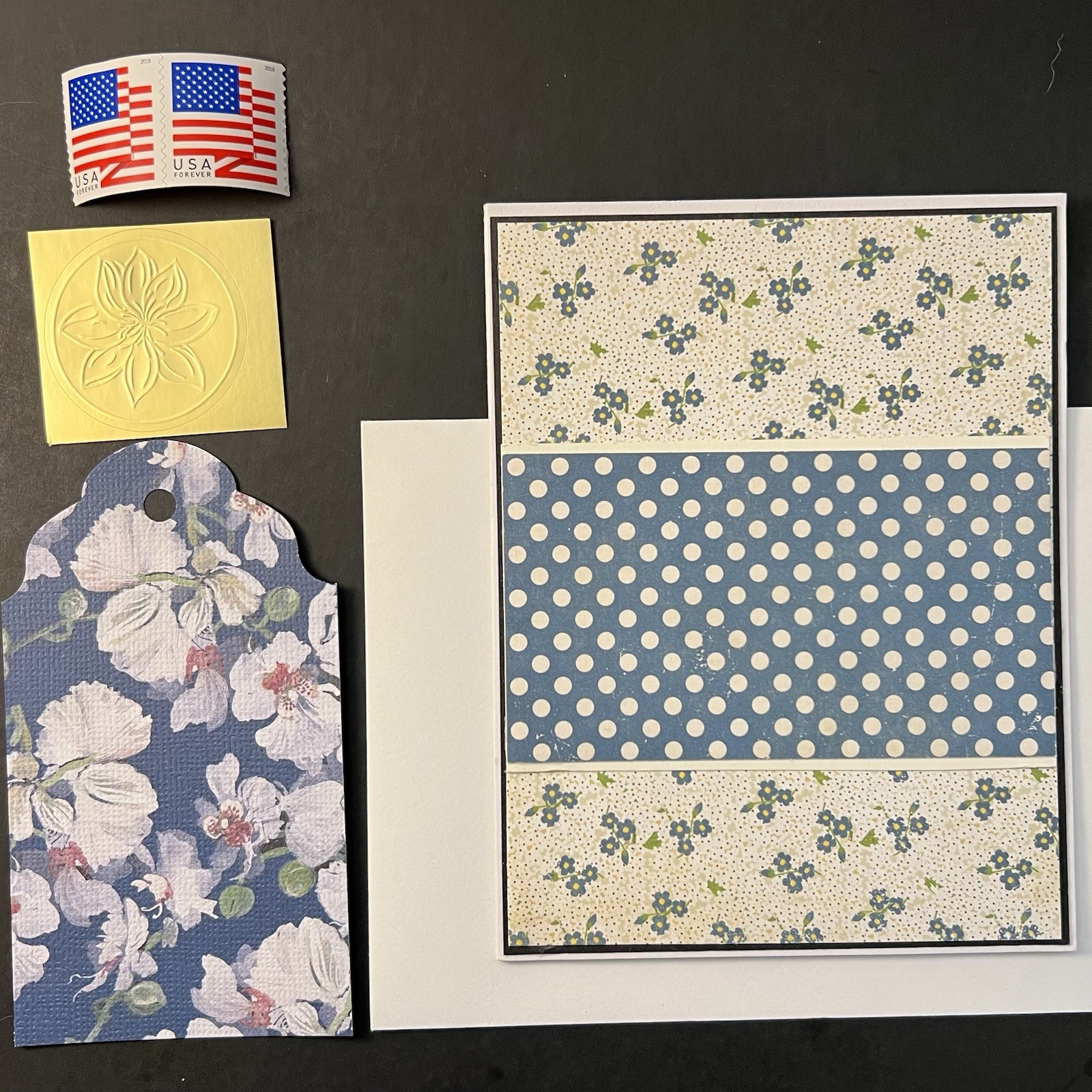 Handmade ALL OCCASION Blue Floral Patchwork Card w/Gift Tag/Env/Seal/Stamps BN
