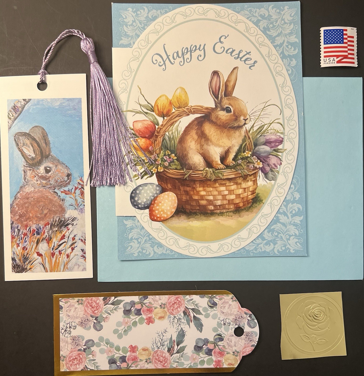 Christian EASTER Bunny Rabbit Card & BOOKMARK Basket Env/Gift Tag/Seal/Stamp BN