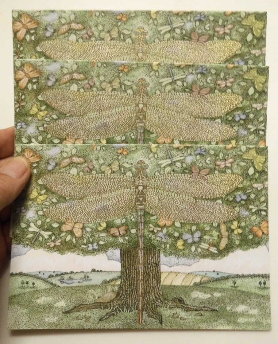 3 RSVP BLANK CARDS Colorful Delightful Goden Dragonfly All Occasion Cards