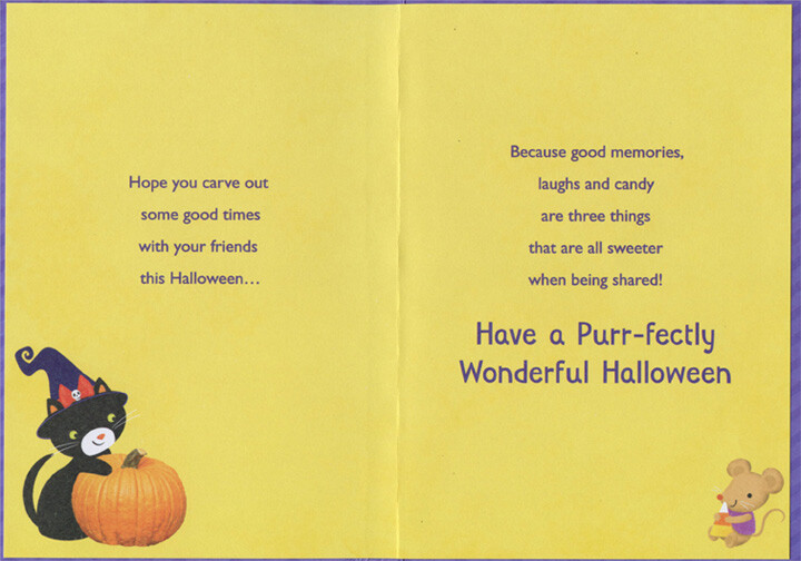 Cute Kitten Mouse and Pumpkin Purple Chevron Pattern Halloween Card for Girl