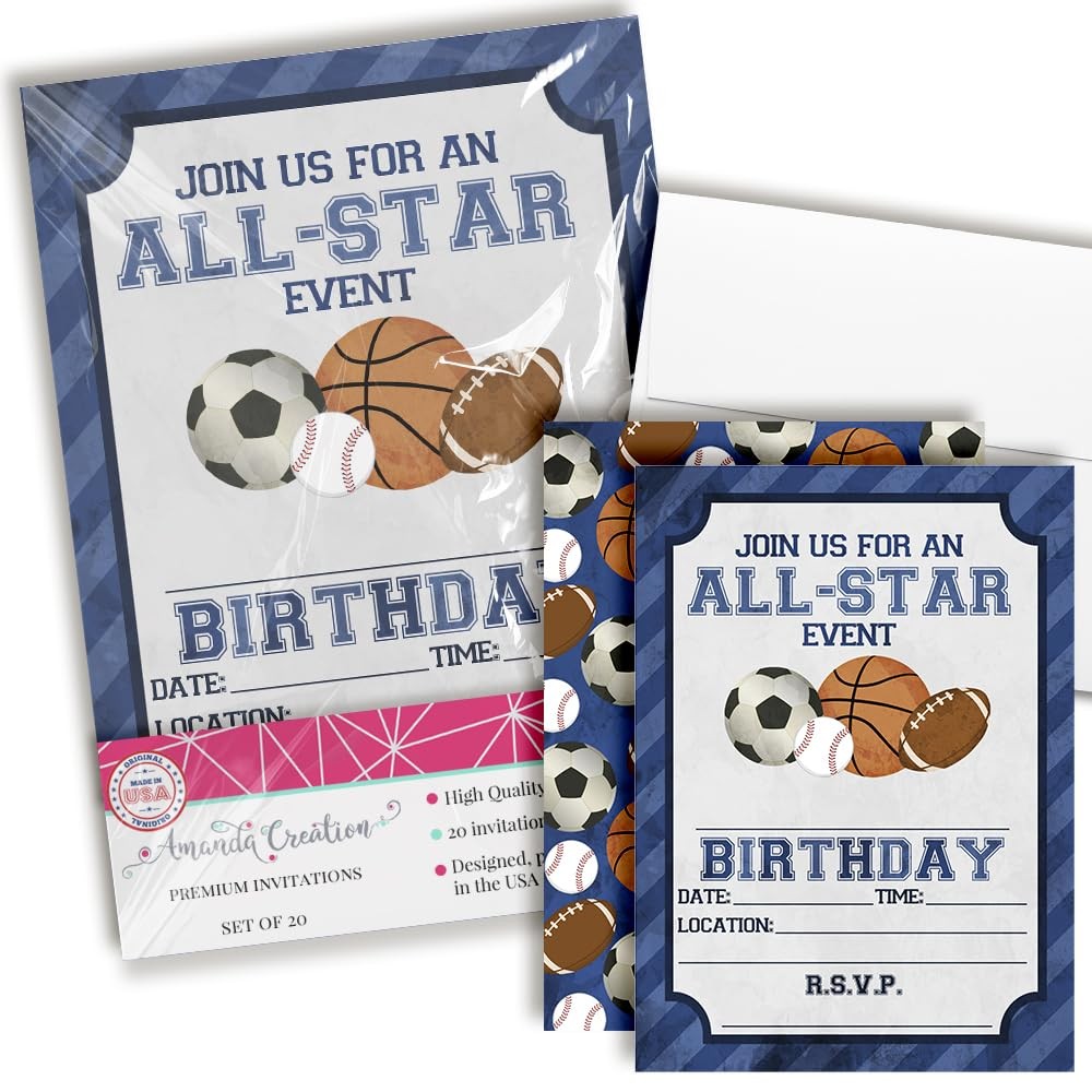 20-Count 5×7″ Blue All Star Sports Birthday Party Invitations for Boys Set