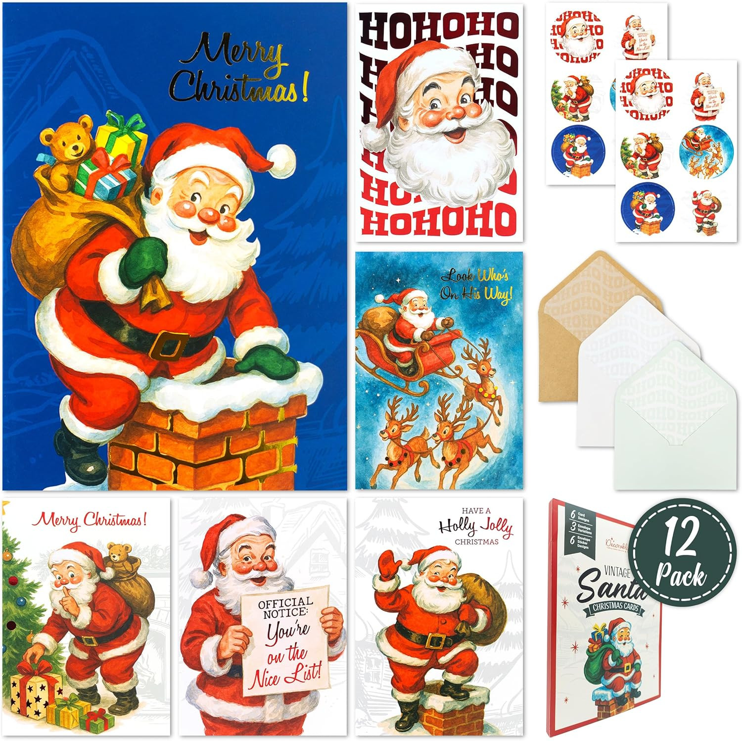 12 Pack Red and Gold Foil 5X7In Vintage Santa Kids Christmas Cards with Envelope