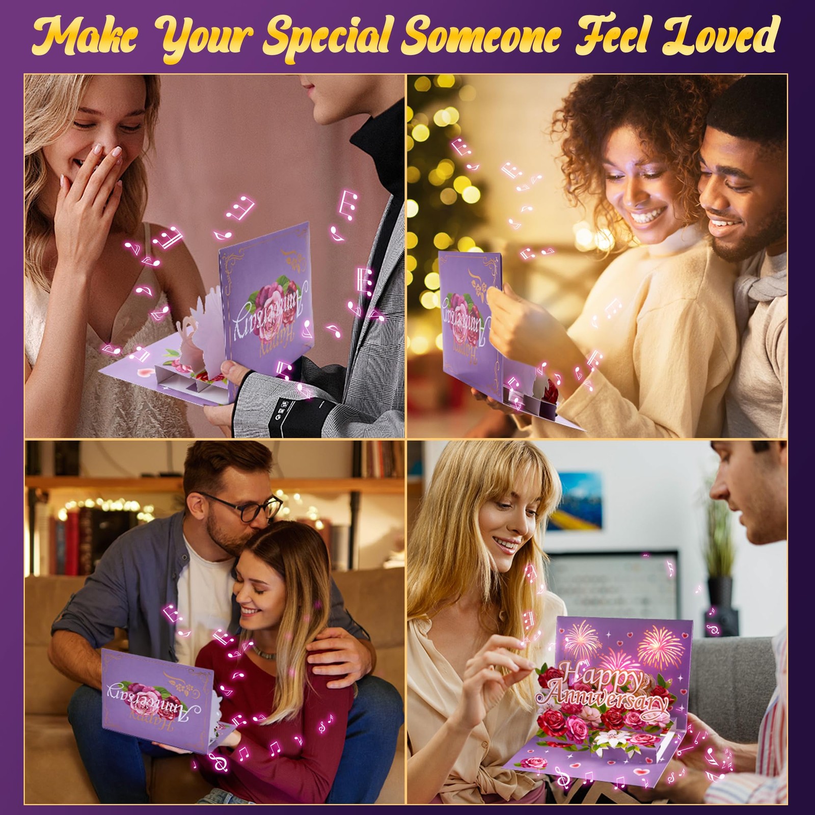 Happy Anniversary Card With Lights Music, 3D Pop Up Flowers, Multicolor