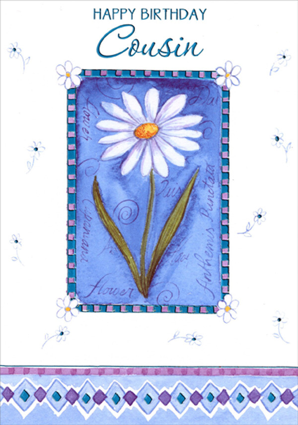 Single Daisy Inside Blue Foil Lined Frame Cousin Birthday Card