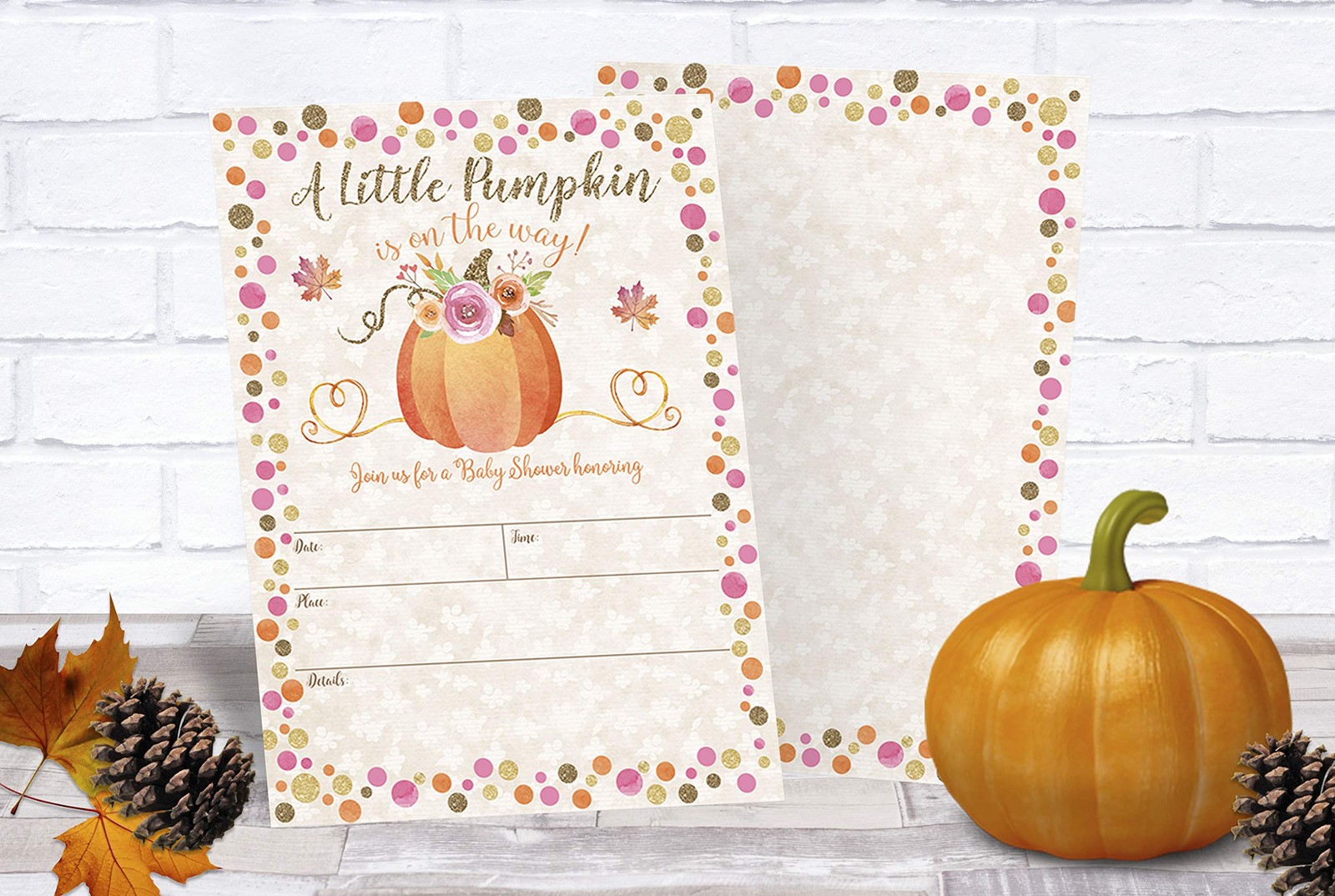 Pumpkin Fall Baby Shower Invitations A7 Envelope Autumn Floral Cards 20 PCS