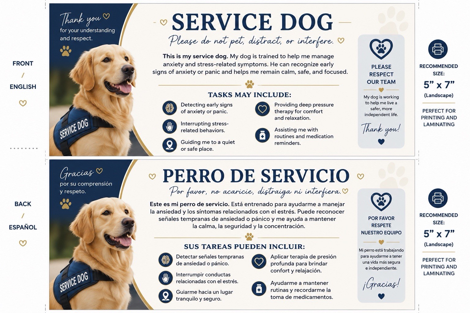 USA Service Dog Information Cards (10 Pack) | Personalized Photo | FREE Shipping