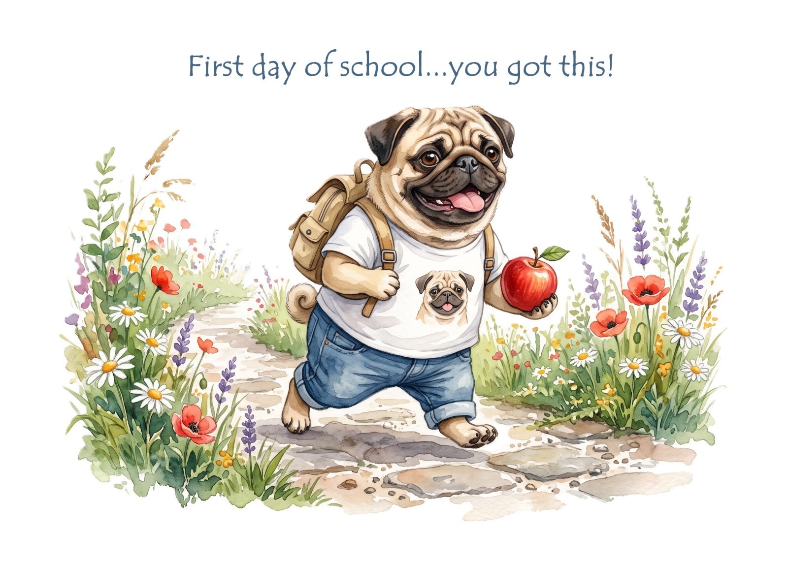 Whimsical Greeting Card, First Day of School, Pug Dog, 7″ x 5″