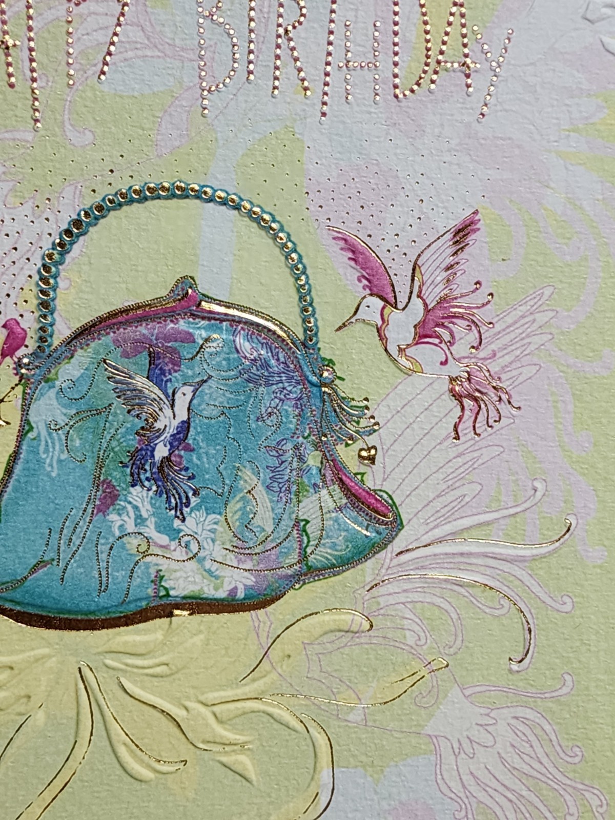 Papyrus RARE Turnowsky Embossed Hummingbird Purse Gold Trim Beaded Birthday Card