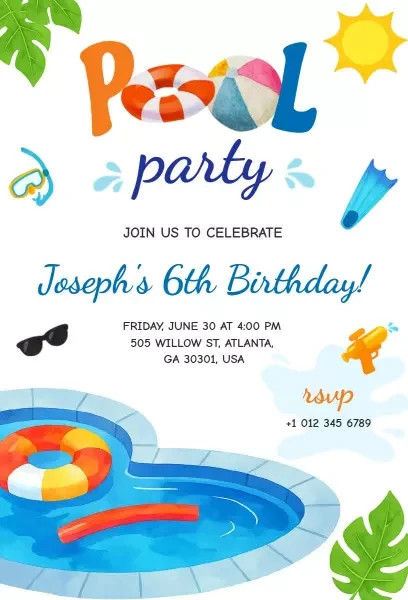 Digital Pool Party Colors Birthday Party Invitation Personalized Texts 1