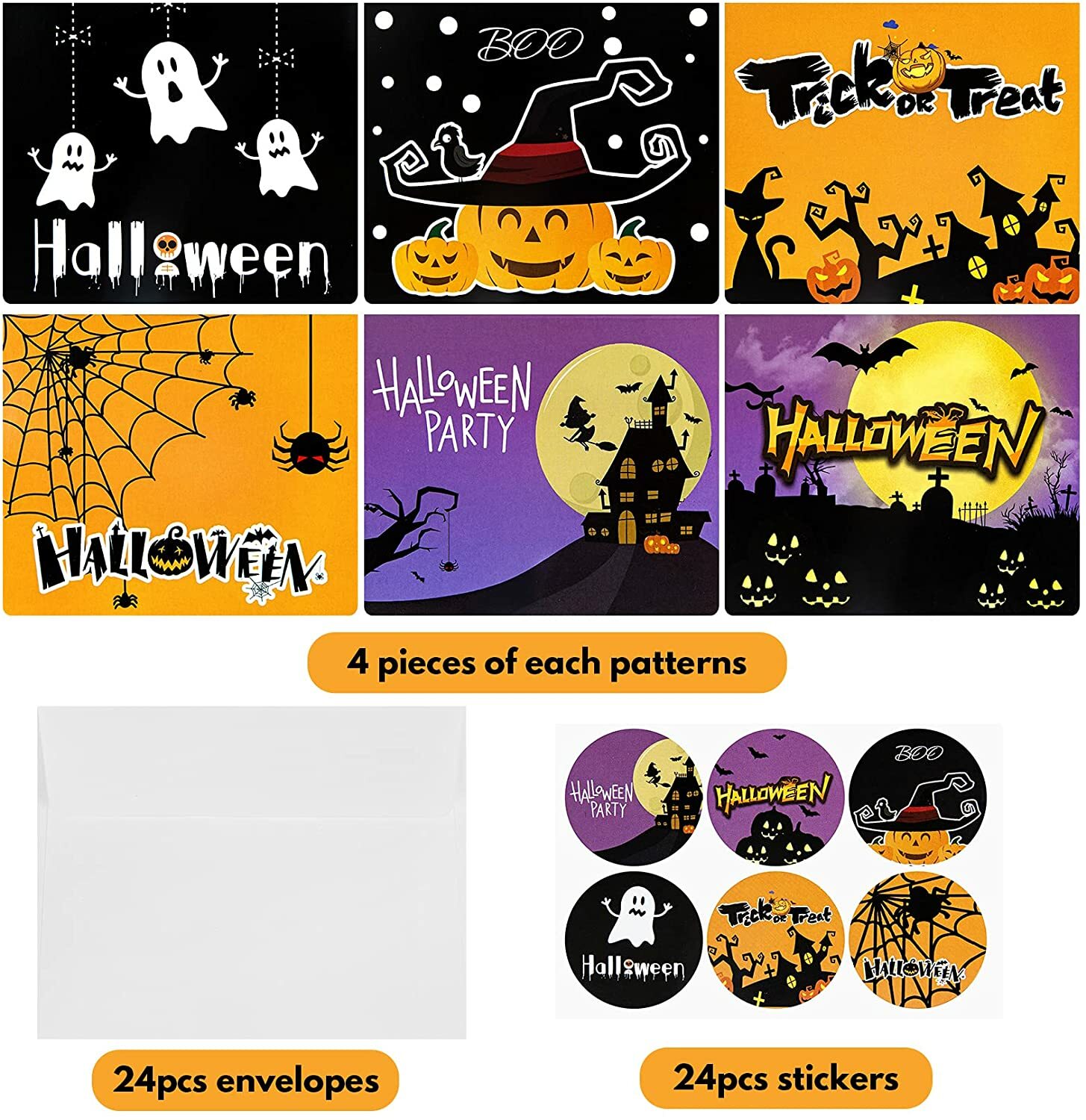 24 Pcs Halloween Greeting Cards with Envelopes and Halloween Stickers – New