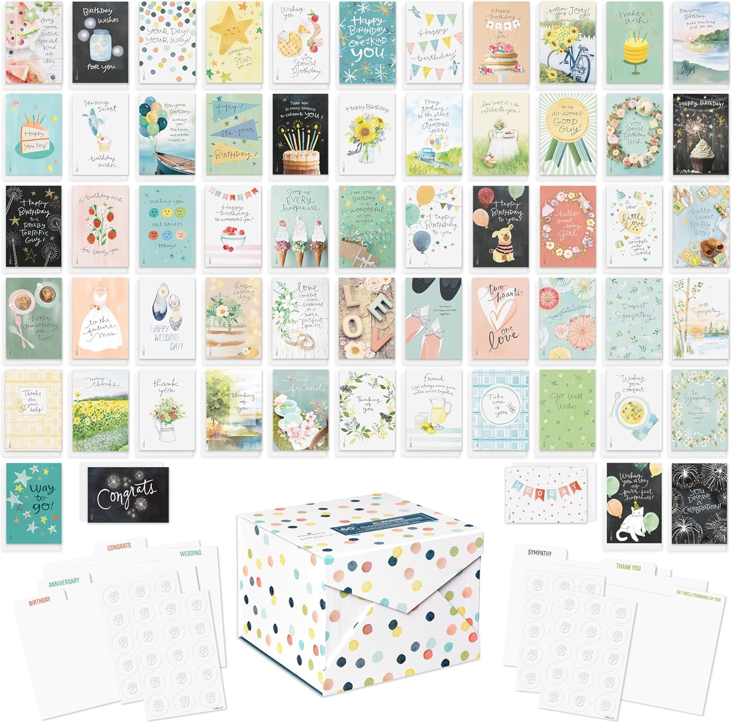 60-Count All Occasion Greeting Card Assortment W/ Storage Box Dividers Envelopes