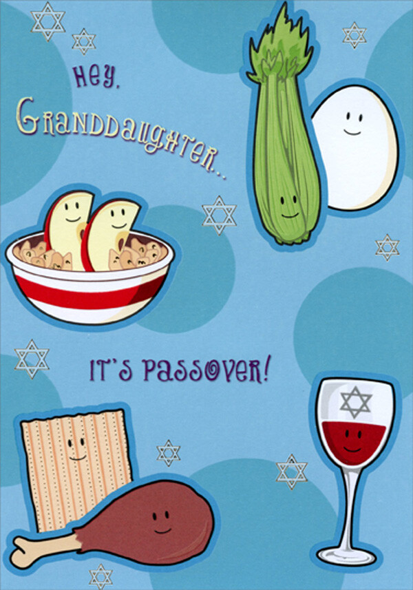 Foods of Seder Wine and Blue Circles Granddaughter Juvenile Passover Card