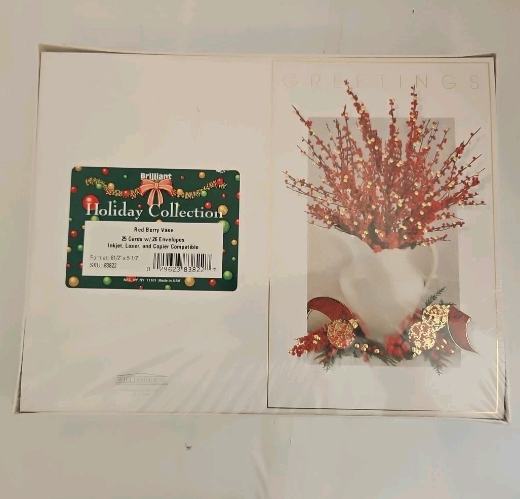 25 Holiday Greetings Red Berry Vase Customizable Printable Greeting Cards w/env.