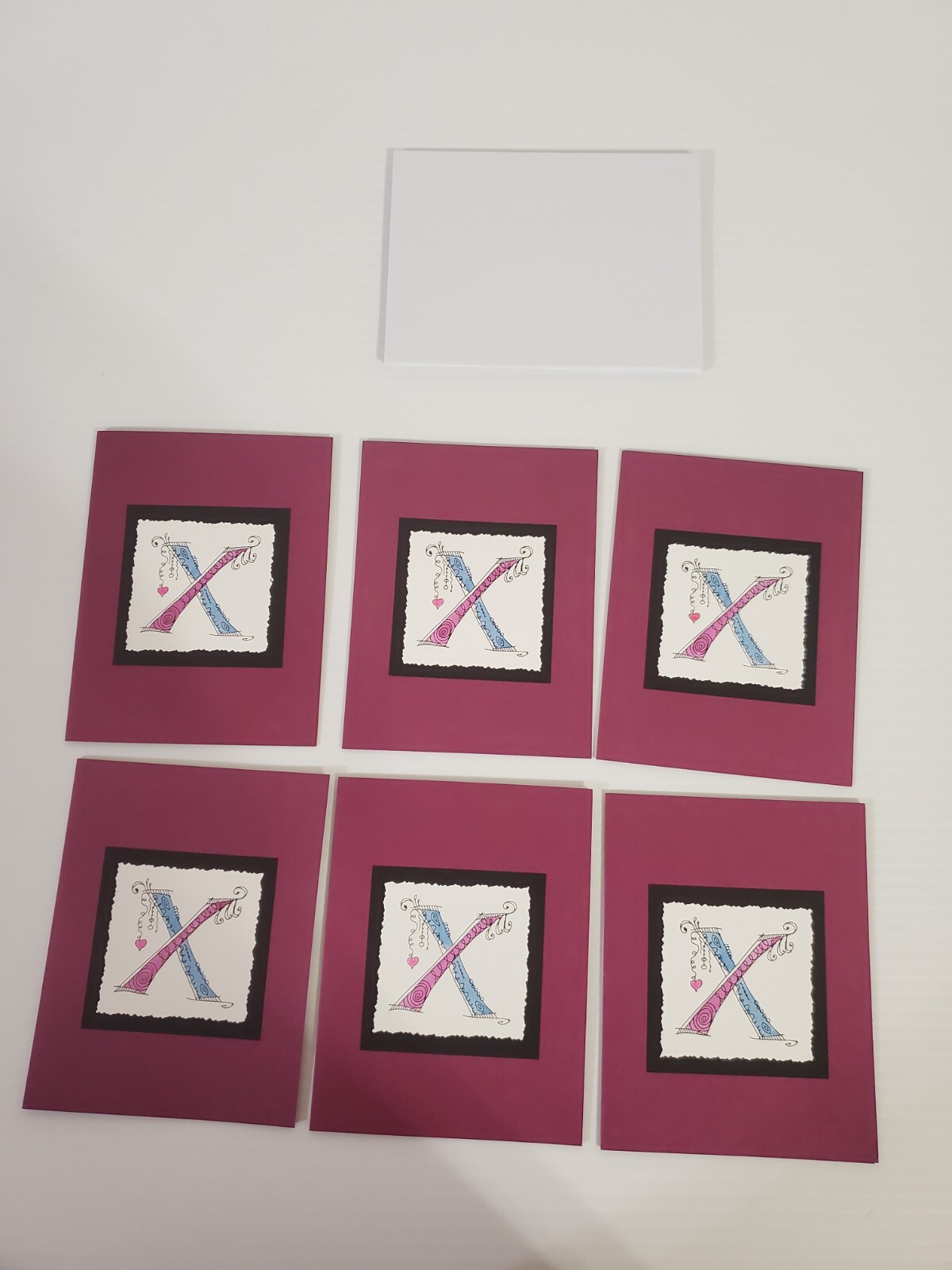 Letter X Pink Red Black Blue Greeting Cards 5.5 X 4 Inches Set Of 6 Handmade
