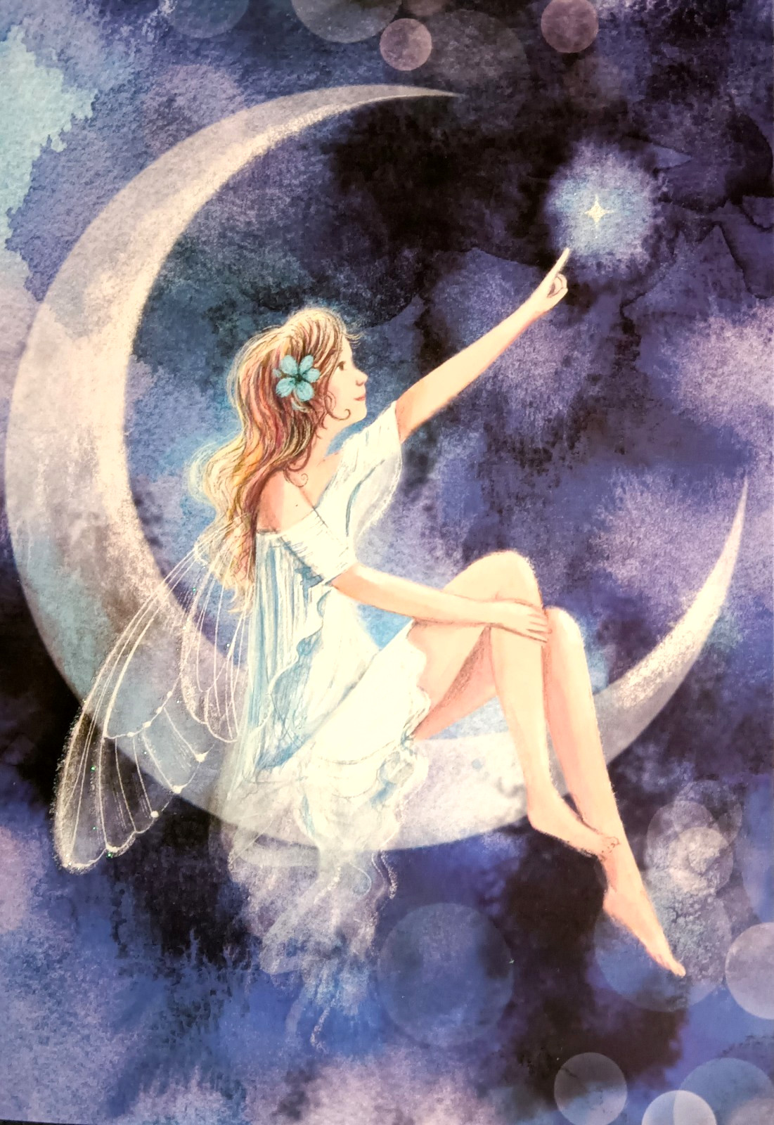 Greeting Card Happy Birthday Wishes Fairy Stars Moon Sky Celebration