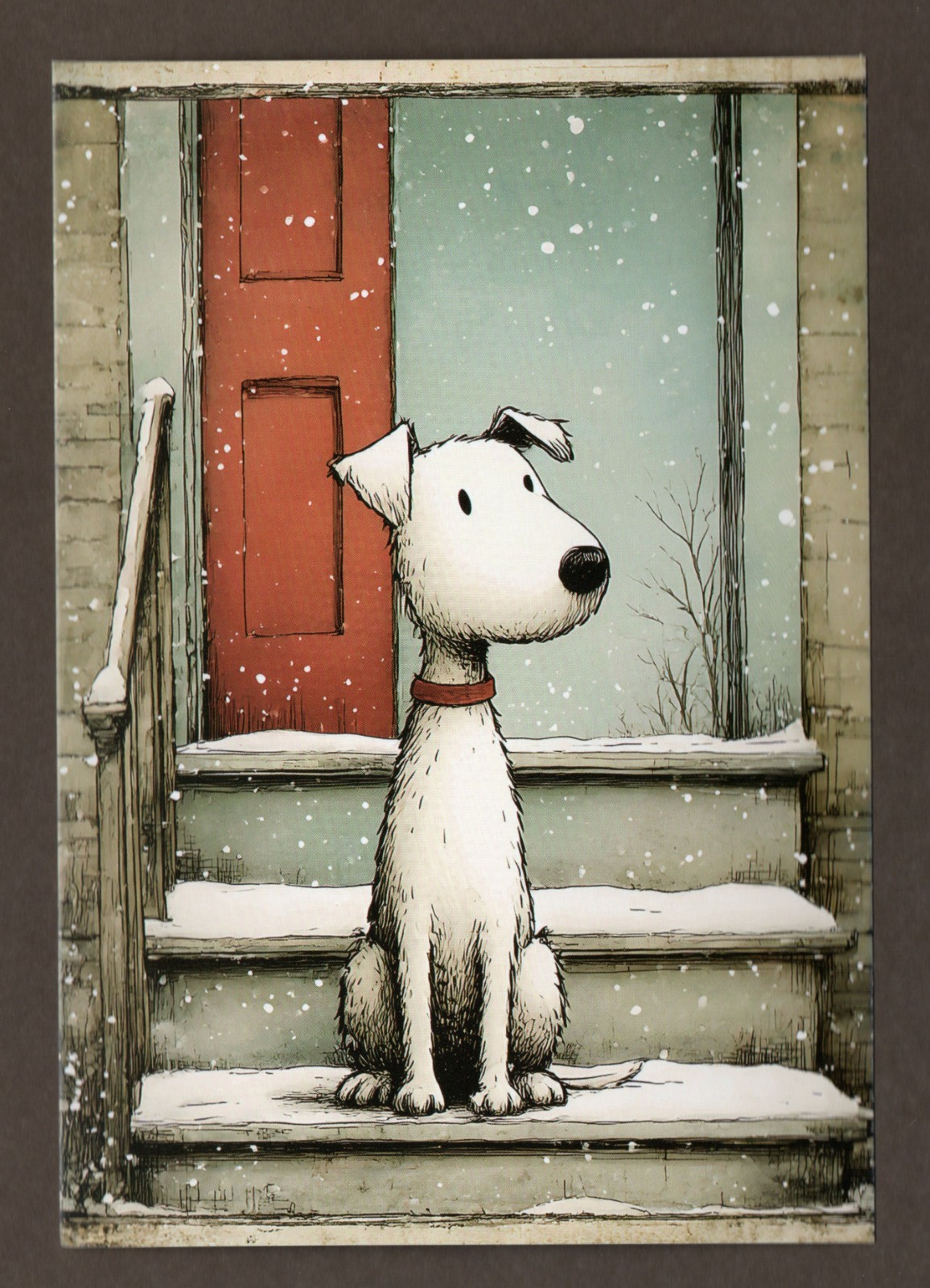 White Dog in Snow Mini Art Print or Postcard, 5.5″, Christmas/Holiday Red Collar