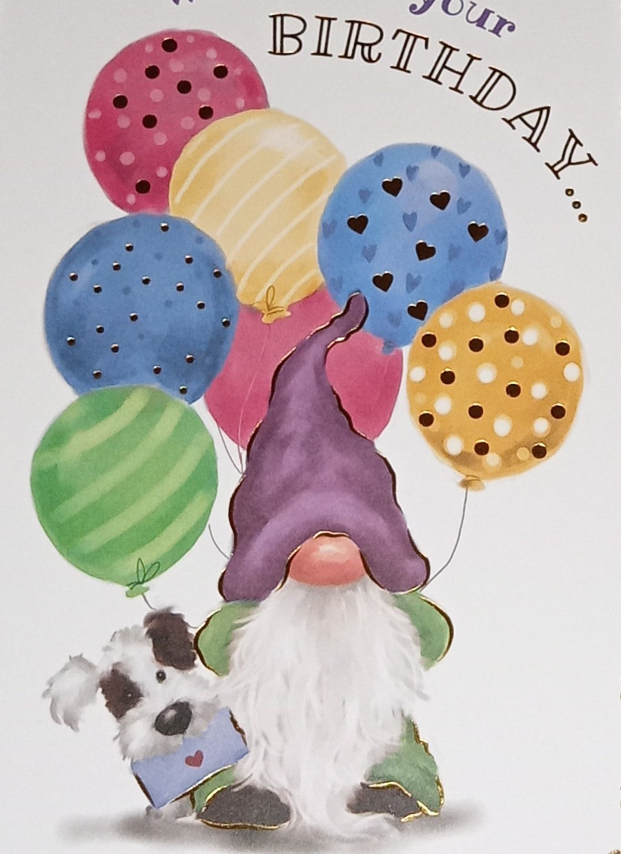 UNUSED Birthday card, cute gnome with dog and balloons, 7″