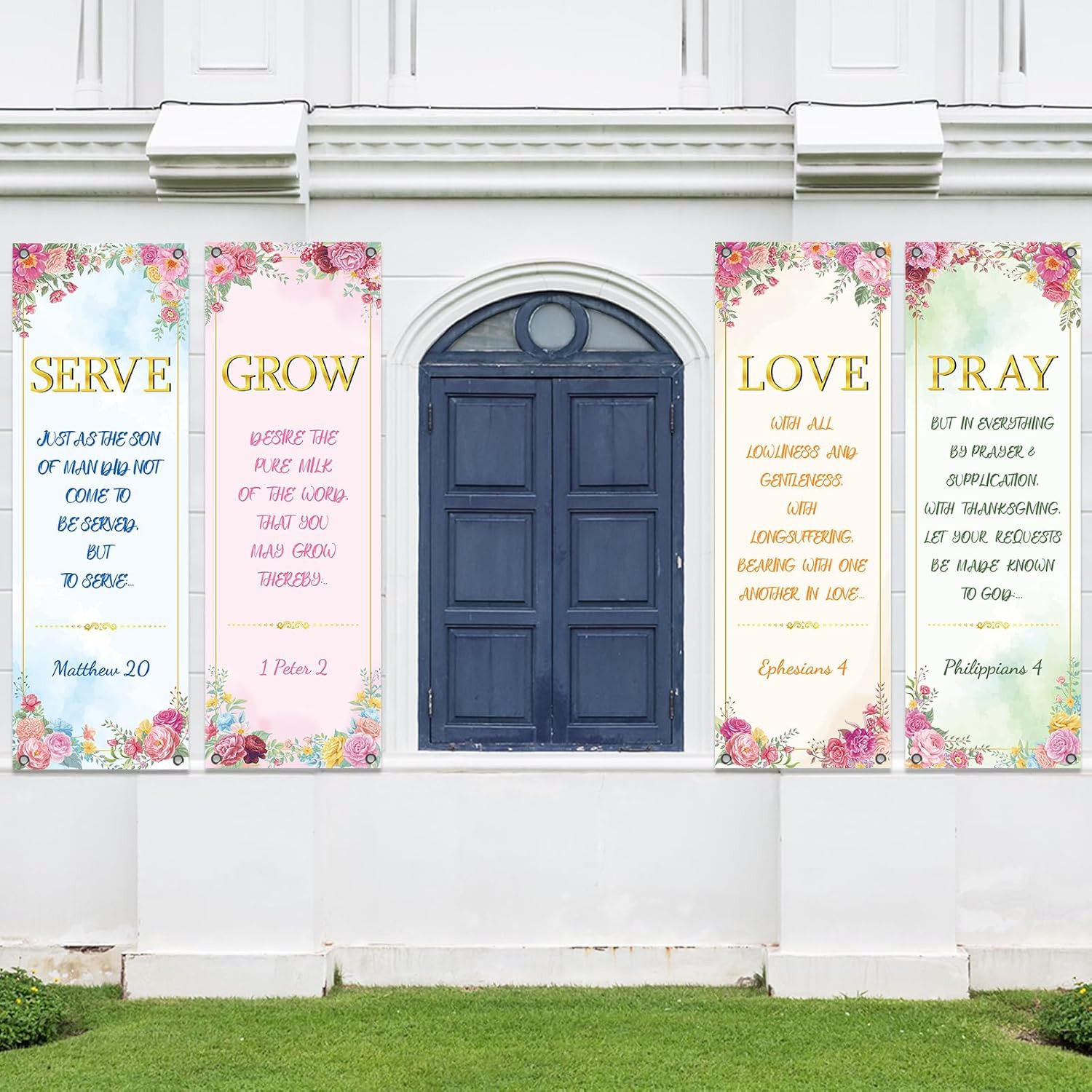 4Pcs Pink Floral Church Banners for Sanctuary Wall Welcome Religious Banners Han