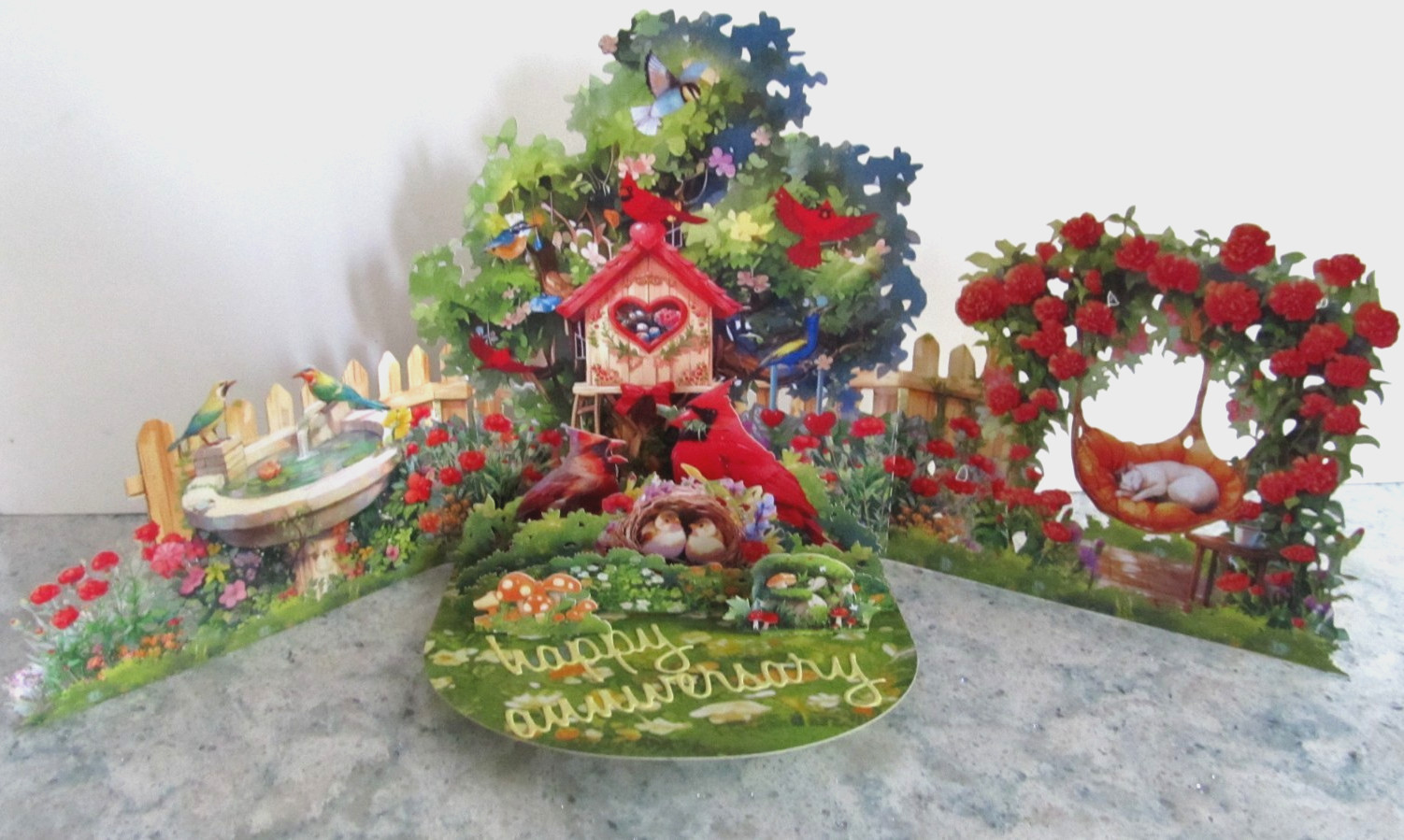 3D Pop-Up Happy Anniversary Greeting Card, Env. & Seal – Cardinals, Birds, & Cat