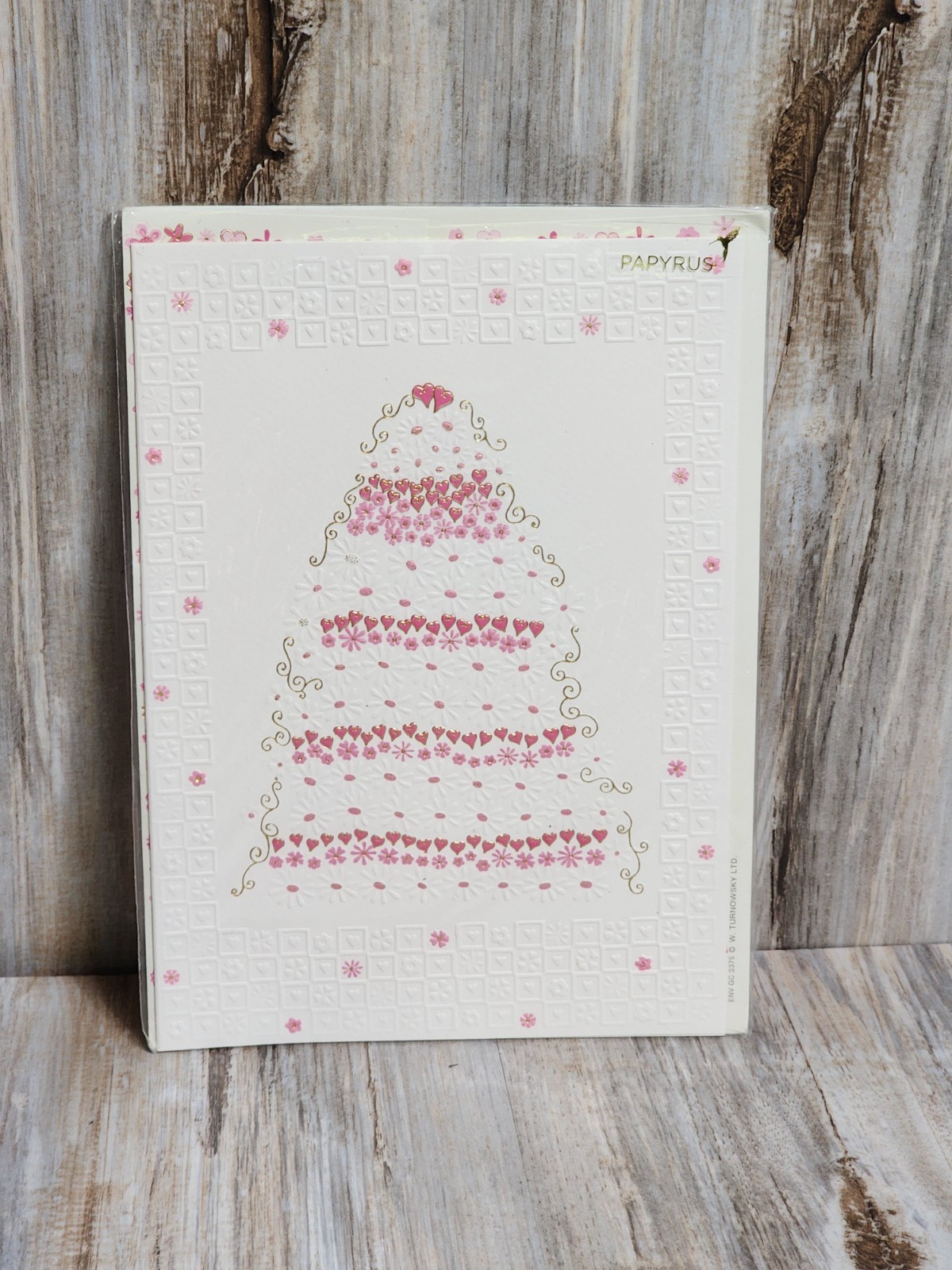 Papyrus RARE Turnowsky Wedding Cake Card Foiled Gold Trim Layered Floral Hearts